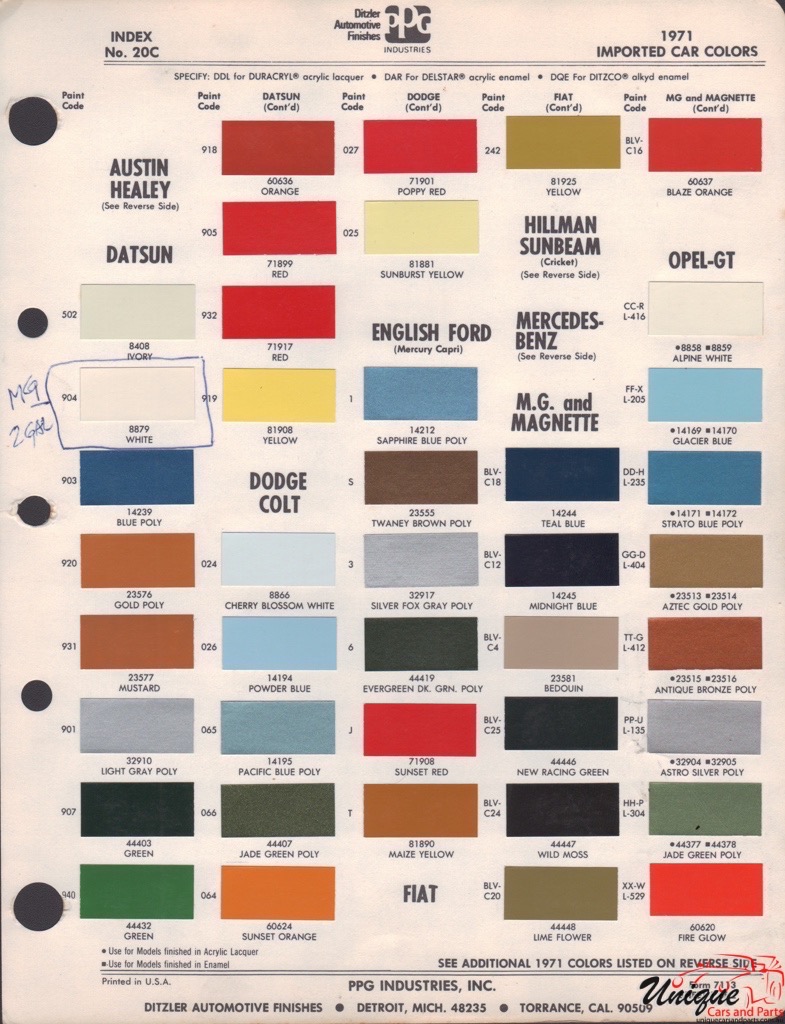 1971 Chrysler Colt Paint Charts PPG 1
